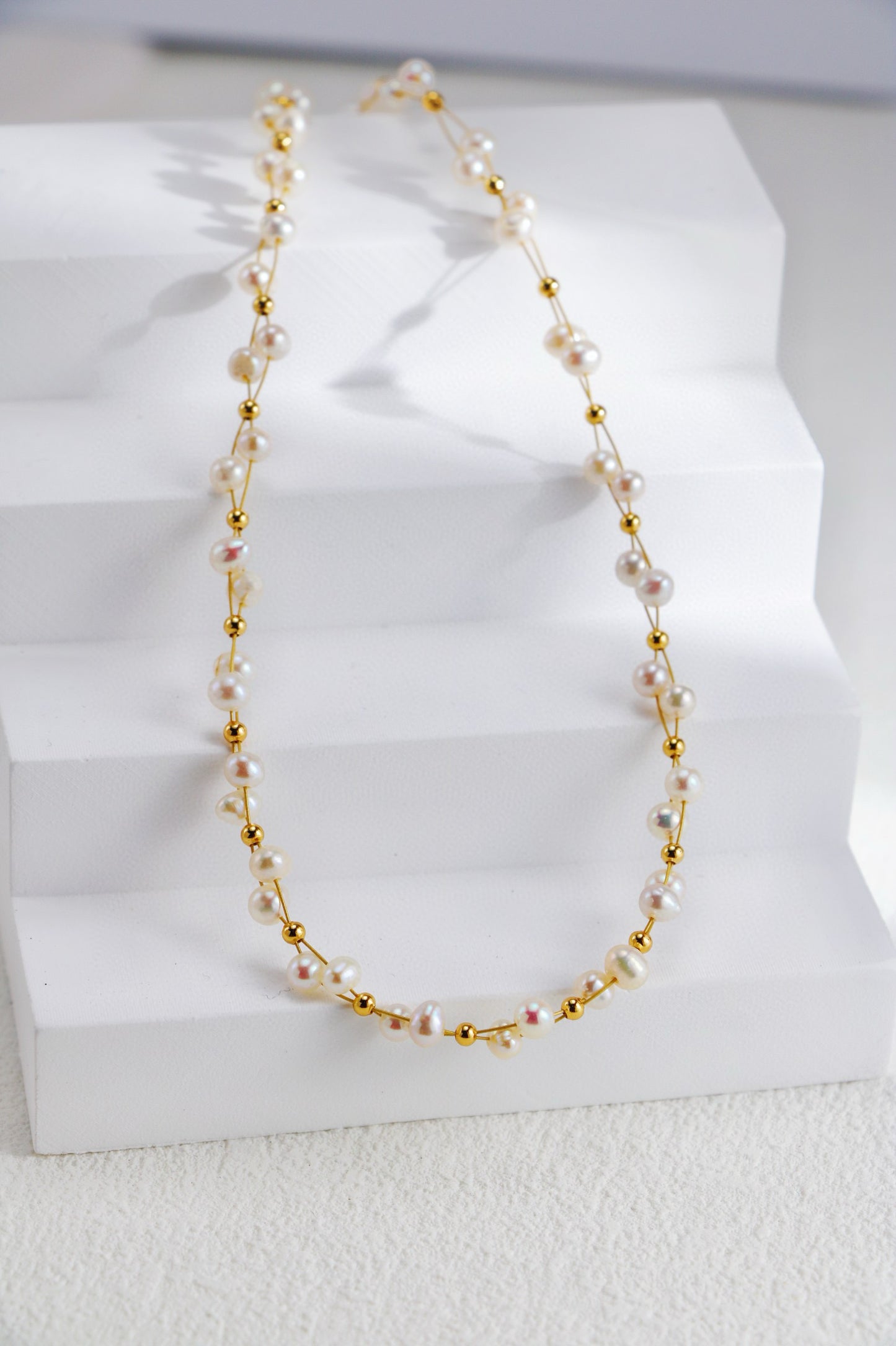 Elegant Woven Design Gold-Plated Sterling Silver Pearl Necklace