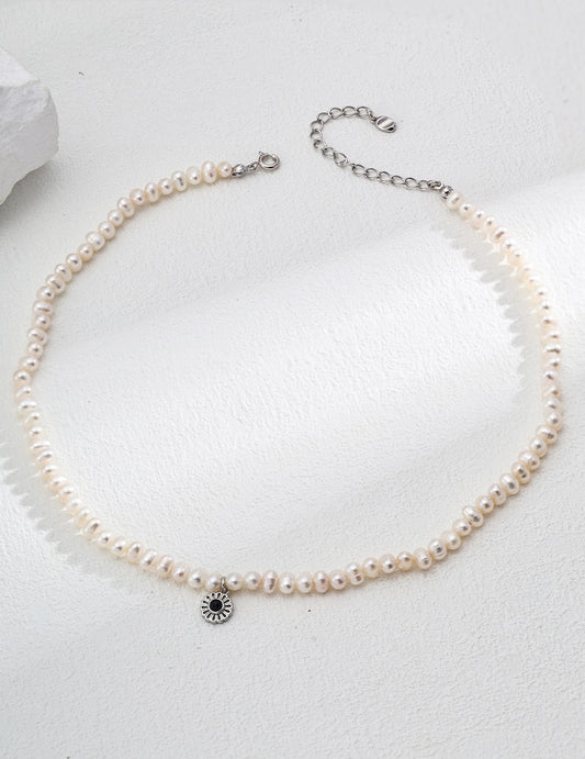 S925 silver natural pearl black agate necklace