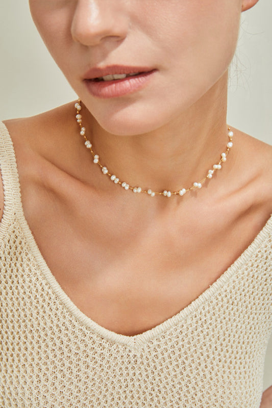 Elegant Woven Design Gold-Plated Sterling Silver Pearl Necklace